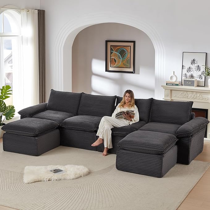 141.74" Sectional Couches for Living Room Modern Modular Sofa with U-Shape Couchs Upholstered Corduroy Boneless Couch Deep Seat Cloud Couch with Ottoman, No Assembly Required, Dark Gray