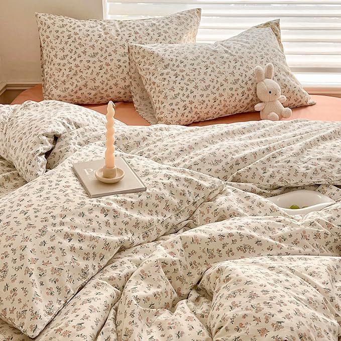 LifeTB Aesthetic Floral Duvet Cover King Cozy Boho Pink Flower Cotton Bedding Set Farmhouse Vintage Botanical Flower Duvet Cover Cute Floral Comforter Cover Girls Cottagecore Duvet Cover Set King