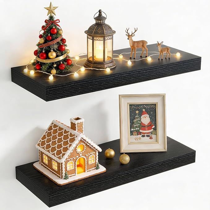 24 Inch Floating Shelves for Wall, 8 Inch Deep Floating Shelf for Storage & Display, Rustic Wall Mounted Shelf with Invisible Brackets for Living Room, Kitchen, Bathroom, Home Decor, Set of 2, Black