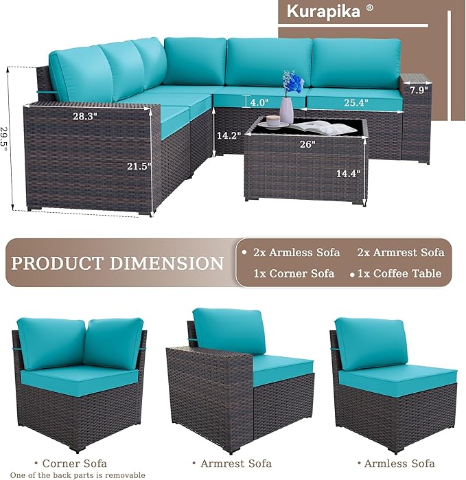 Kurapika 6 Pieces Patio Furniture Set, Rattan Wicker Outdoor Conversation Sets w/4 Inch Cushion and Glass Coffee Table(Blue)
