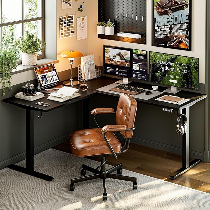 Grandder 63 x 55 Inch L Shaped Standing Desk, Electric Height Adjustable Corner Stand Up Desk, Sit Stand Corner Table Home Office Table, Black Top Black Frame