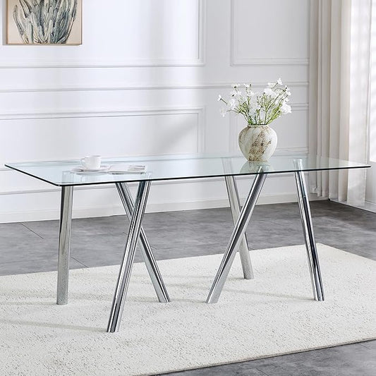 71" Rectangular Dining Table for 6-8, Modern Dining Table with Tempered Glass Tabletop & Metal Legs, Large Glass Dinner Table for Home Kitchen
