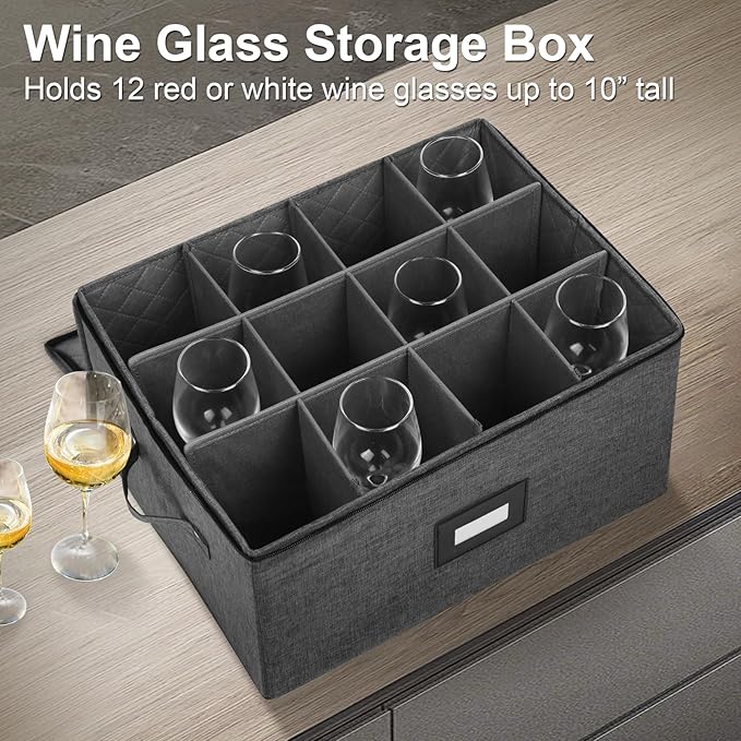 Mayniu Stemware Storage Containers, Wine Glass Storage Box with Dividers for Glasses, Glassware, Crystal, Wine Glass Packing Boxes for Moving, Hard Shell Top Sides Bottom and Stackable (Black)