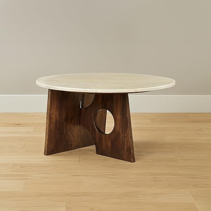 TUP THE URBAN PORT Kali Coffee Table | 27" Natural Round Marble Tabletop | Dark Brown Mango Wood Sculptural Base