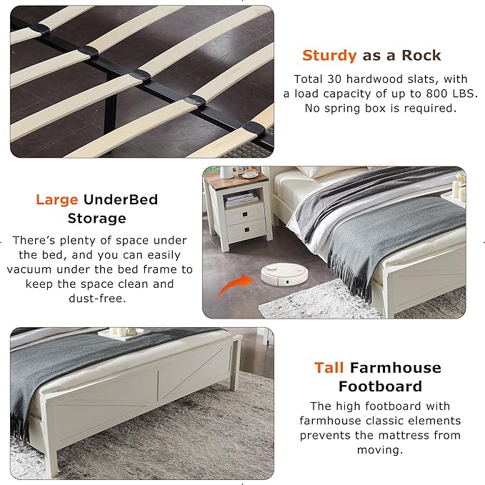 T4TREAM Farmhouse King Size Bed Frame w/Storage Bookcase Headboard, Sliding Barn Door, Charging Station, Rustic Wood Platform Bed w/Wood Slats Support, No Box Spring Needed, Antique White