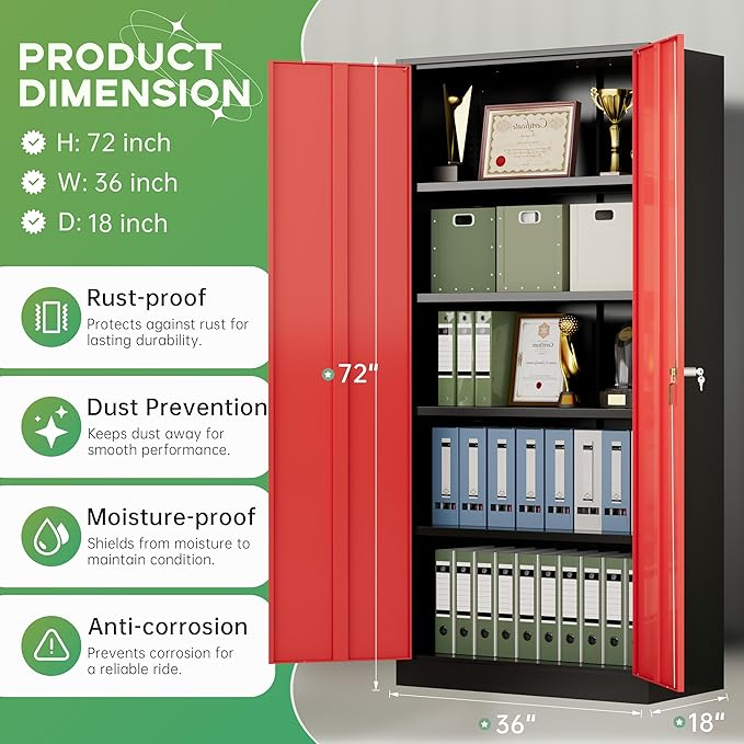 INTERGREAT Metal Storage Cabinet,72" Steel Lockable File Cabinet with Locking Doors and Adjustable Shelves,Locking Tool Cabinets for Office,Home,Garage,Gym,School (Black Red)