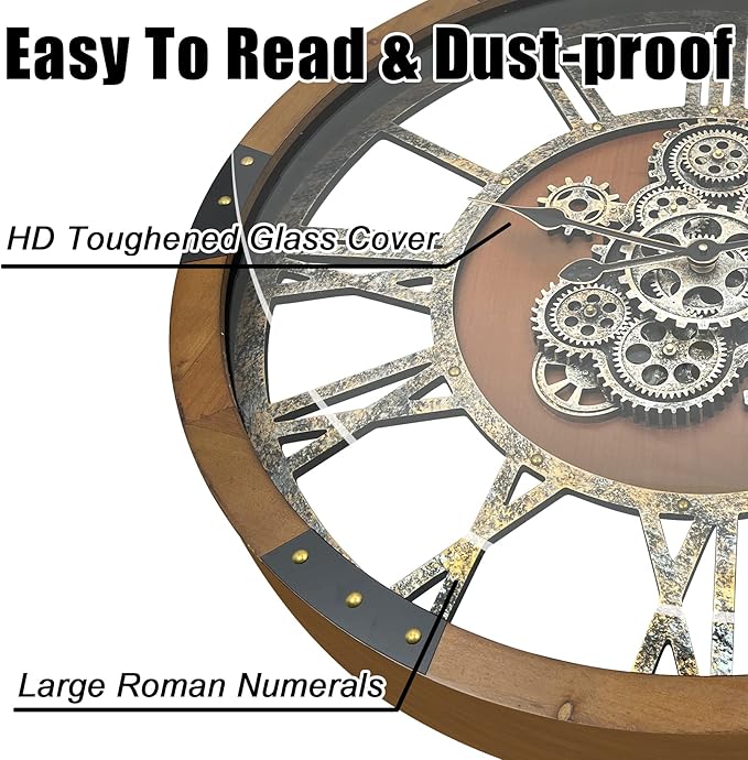 DORBOKER 27" Original Moving Gears Wall Clock, Large Industrial Wall Clock for Living Room Decor, Retro Metal Solid Wood Vintage Farmhouse Steampunk Rustic Clocks for Wall Decor,Brown Nanmu