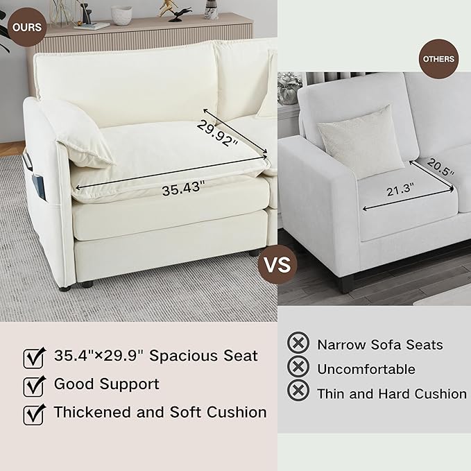 109.45" Oversized Extra Deep Seat Modern Chenille Cloud Couch, Large 3 Seater Modular Sofa for Living Room Bedroom Apartment Office (White, 109.45 Inch)