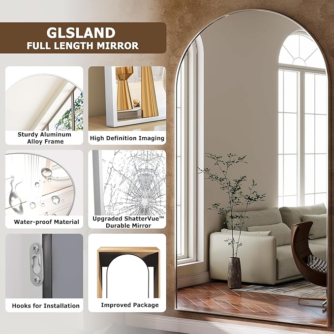 GLSLAND-34 x76 Arched Full Length Mirror-Oversize Floor Mirror Aluminum Alloy Frame High Definition-Full Body Mirror for Bedroom or Living Room,Silver