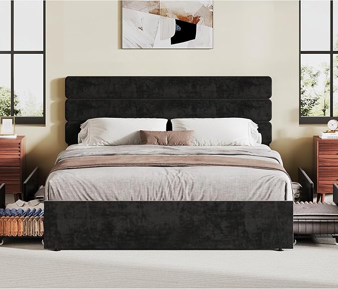WLIVE Queen Size Upholstered Bed Frame with 4 Drawers and Velvet Square Tufted Headboard, Sturdy Metal & Wooden Slats Support, No Box Spring Needed, Easy Assembly, Black