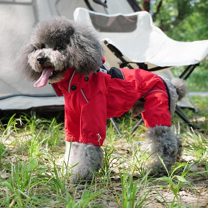 LOVELONGLONG Fleece-Lined Dog Raincoat with Removable Hood – Waterproof Winter Full Body Dog Jacket – Windproof Snowproof Cold-Weather Suit – Red-F 2XL