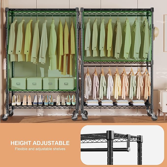 Heavy Duty Rolling Garment Rack 3 Tiers Adjustable Wire Shelving Clothes Rack with 2 Rods and Side Hooks, Storage Closet Clothing Rack with Wheels Black 17.7" D x 47.2" W x 83.6" H