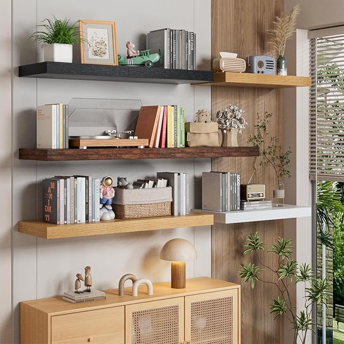 Heimlove 36 Inch Long Floating Shelf for Wall, 12" Deep Black Floating Shelves Shelves for Bedroom Living Room Bedroom, Mounted Shelves for Storage Book Decor, Set of 2