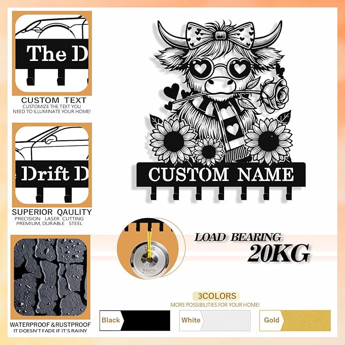 Personalized Highland Cow Key Holder Wall Mount, Custom Metal Key Holder for Wall with Name, Custom Keys Rack Hanger with Hooks for Entryway, Front Door, Hallway, Living Room, Kitchen