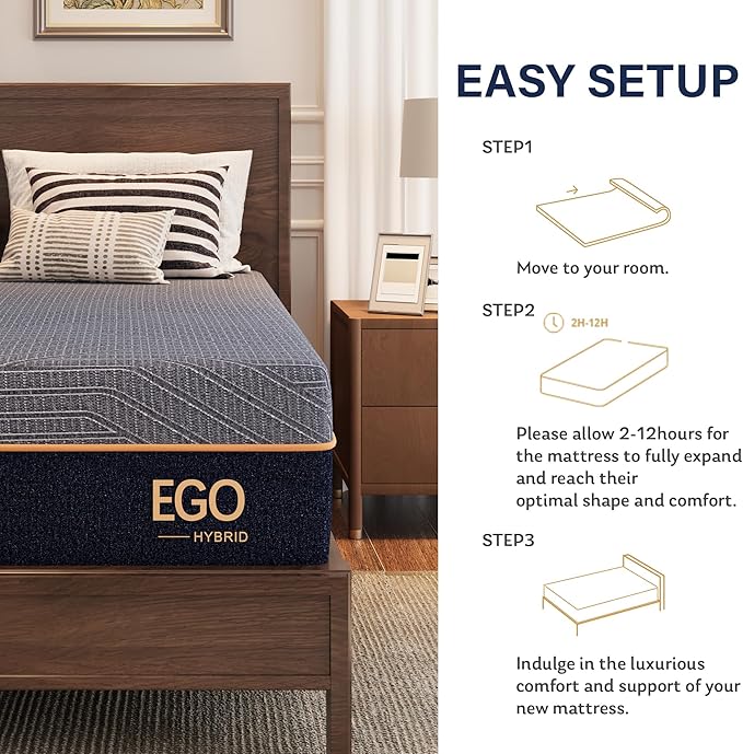 EGOHOME Hybrid Full Mattress 12 Inch, Cooling Gel Mattress, Comfort Foam & Pocket Spring Bed in a Box, Targeted Support Pressure Relief Mattres, CertiPUR-US Certified, Made in USA, 54x75x12 Black