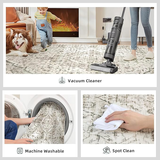 Deerly Washable Rugs 8x10 Area Rug Large Rugs for Living Room - Boho Large Vintage Non-Slip Distressed Carpet Aesthetic Print Floor Rug Cream