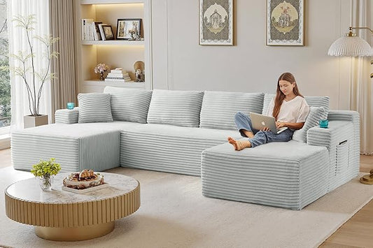 133" Couches for Living Room Deep-Seat Sectional Couch for Living Room Corduroy Boneless Couchs U-Shape Cloud Couch Flexible Modular Sectional Sofa with Chaise Lounge (Light Gray, with Cup Holder)