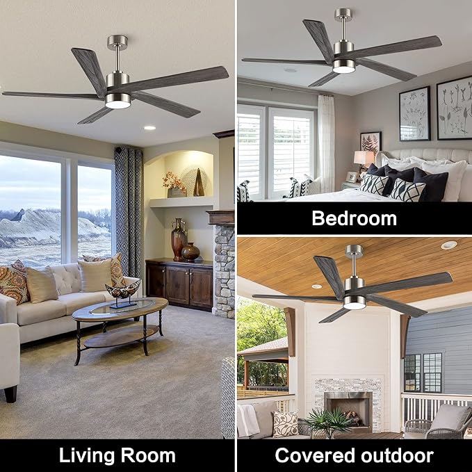 WINGBO 64 Inch DC Ceiling Fan with Lights and Remote Control, 5 Reversible Carved Wood Blades, 6-Speed Noiseless DC Motor, Modern Ceiling Fan in Brushed Nickel Finish with Gray Blades, ETL Listed