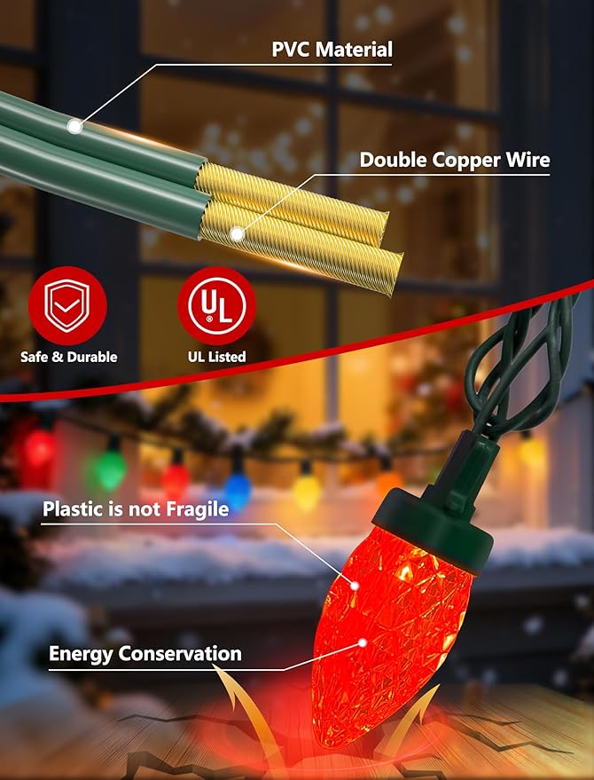 C7 LED Christmas Lights Outdoor,50 LED Multicolor C7 Christmas Light 0.07w per Diamond Bulb,26FT Xmas Lights Outdoor for House, Yard, Garden, Christmas Tree Decoration, Green Wire