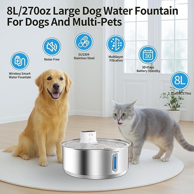 Wireless Dog Water Fountain, 2.1Gal/8L Battery Operated Stainless Steel Pet Water Fountain Motion Sensor Dog Water Bowl Fountain Large Dog Bowl Inside with 3 Filters and 2 Ultra Quiet Pumps