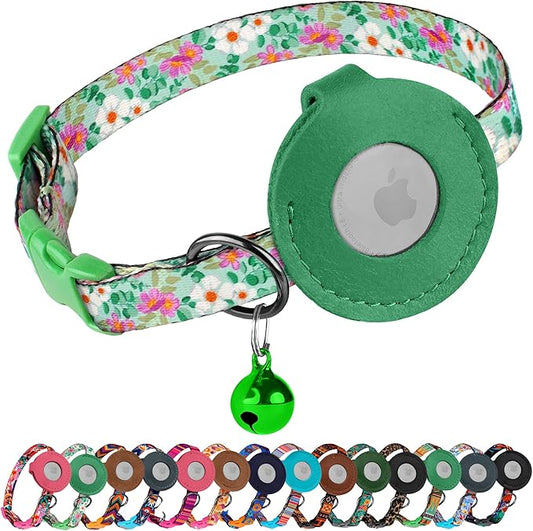 Airtag Cat Collar with Bell - Non Breakaway Soft Pet Collar with Leather Air Tag Holder - Adjustable GPS Anti-Lost Collars for Girl Boy Cats Kitten Puppies, Lightweight and Patterned (Floral Green)