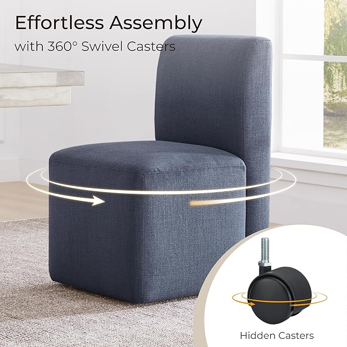 CHITA Dining Chairs with Casters Set of 2, FSC Certified Upholstered Armless Modern Rolling Dining Chairs with Rollers for Bedroom Reading Room Living Room, Insignia Blue