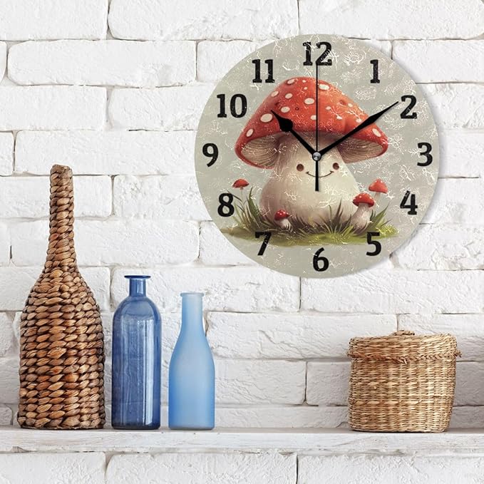 Wall Clock Cute Mushrooms Silent Non Ticking Wall Clock Decorative Battery Operated Wall Clocks for Home Kitchen Bedroom Living Room Office