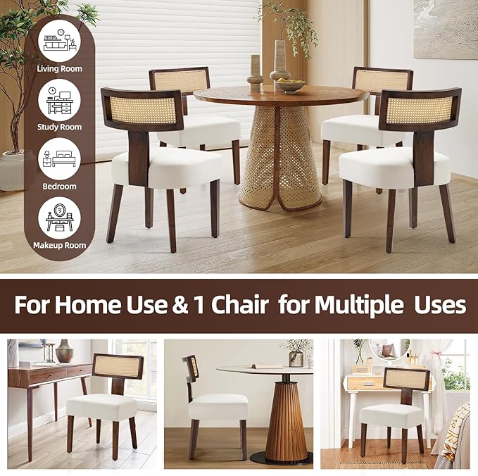 Upholstered Rattan Dining Chairs Set of 2, Mid-Century Modern Fabric Dining Room Chairs with Brown Hardwood Frame, Curved Backrest Kitchen Chair Armless Accent Chairs for Living Room (Cream)