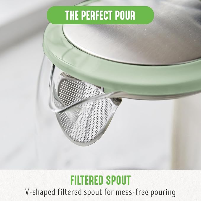 GreenLife 1.7 Liter Glass Electric Kettle, Easy One Touch Use, Quick Heating, Filtered Spout, LED Base, Auto Shut-Off, Cordless Serving, Coffee and Tea, Sage Green