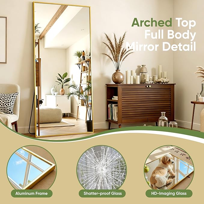 Full Length Mirror, 71"x32" Full Body Mirror, Floor Mirrors with Stand, Body Mirrors Standing Hanging Leaning Against Wall,Aluminum Frame Mirrors for Bedroom Cloakroom,Living Room,Gold