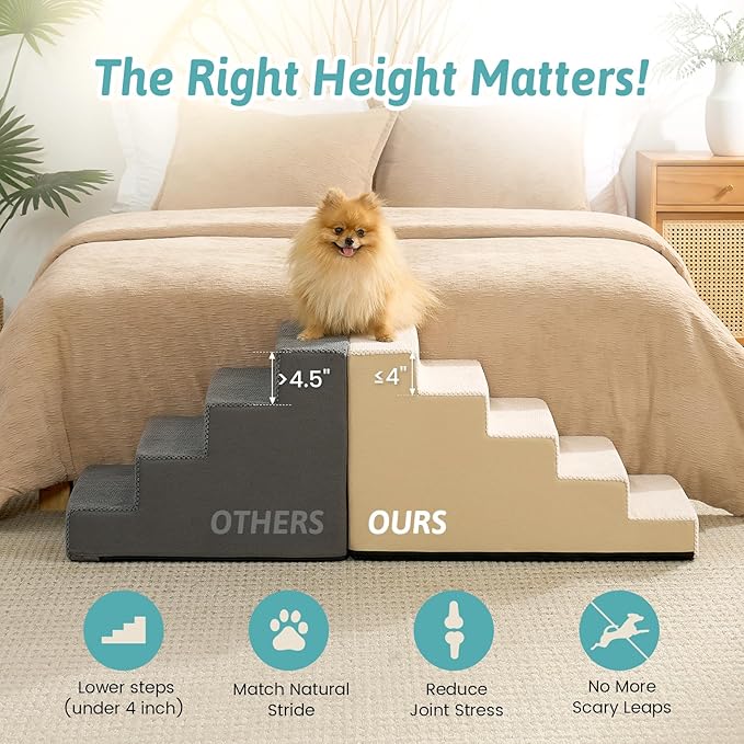 Slope Dog Stairs 17.7" H, Pet Steps for Couch Bed with Washable Cover, Non-Slip Foam Dog Ramp for Small Old Puppy Cats, 5 Step, Beige