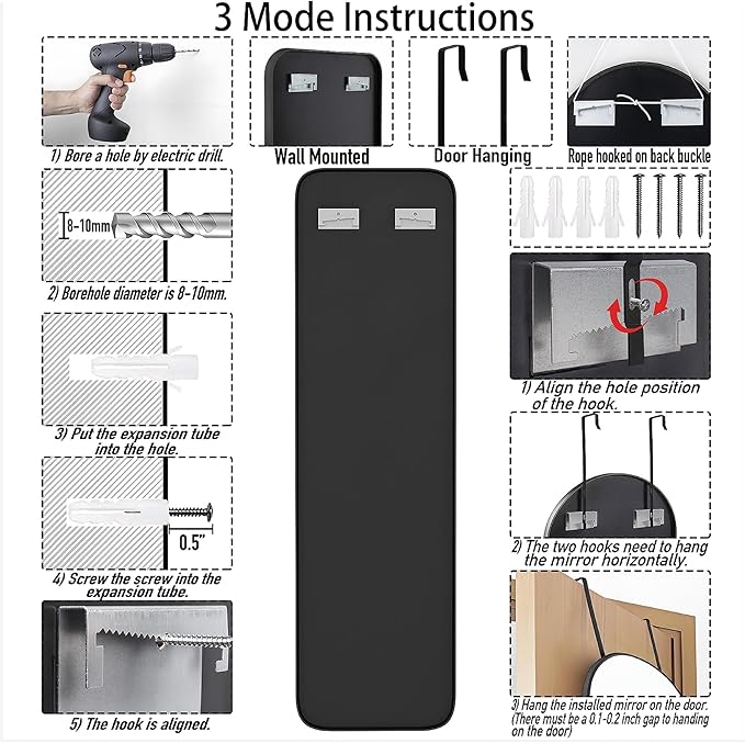 47x14 Mirror Full Body Length Door Hanging/Rope Hang/Wall Mounted Metal Frame Rectangle Mirrors for Bedroom Bathroom Dressing Living Room 47 inch Black