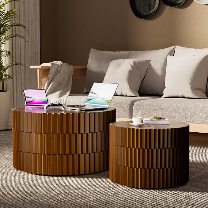 Round Nesting Coffee Table Set of 2, Round Fluted Coffee Tables for Living Room Modern Nesting End Side Tables for Small Spaces (B Brown)