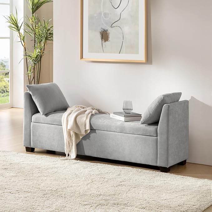 EcoHarbor Living 60" Storage Ottoman Bench with Pillows, Water Resistant Storage Bench End of Bed Upholstered Bedroom Entryway Storage Ottoman Foot Stools, Grey