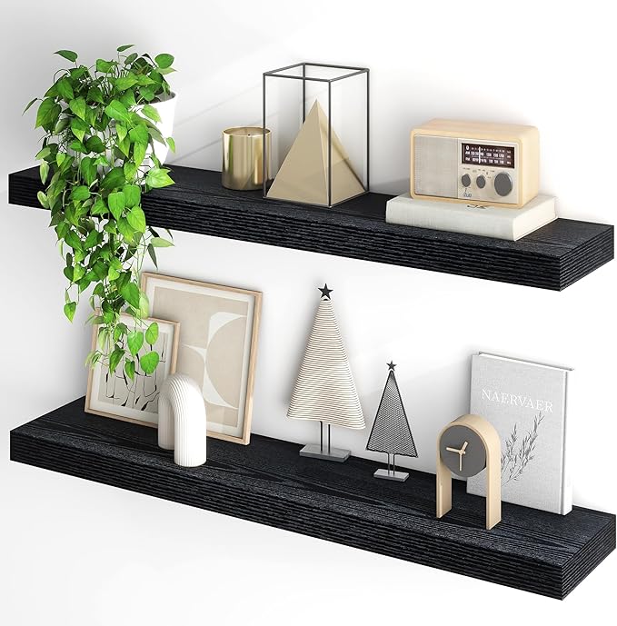 Fun Memories Floating Shelves for Wall, 40Inch Floating Shelves Set of 2, Hanging Shelf with Invisible Brackets, Wood Shelves for Living Room, Bedroom, Kitchen, Black