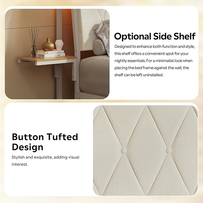 WLIVE King Size Upholstered Bed Frame with 2 Side Shelves, Linen Tufted Storage Headboard with Charging Ports and LED Light, Metal Solid and Stable, No Box Spring Needed, Easy Assembly, Beige