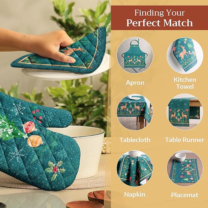 Maison d' Hermine 100% Cotton Oven Mitt & Pot Holder Set (7.5"x13" & 8"x8") Heat Resistant BBQ Cooking Gloves with Loop for Thanksgiving Christmas Decorations Handling Hot Pans (Hygge Christmas)