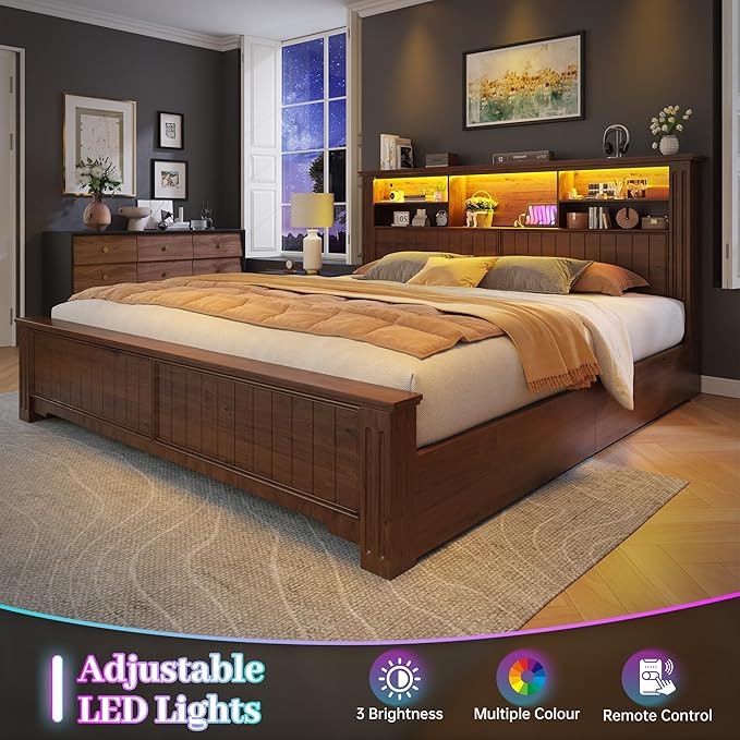 EnHomee King Size Bed Frame with 4 Storage Drawers, King Bed Frame and Headboard with LED Lights & Charging Ports,No Box Spring Needed,NO Noise,Wooden,Brown