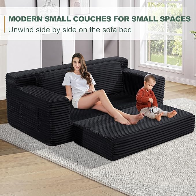 70" Cloud Loveseat Sofa Couch in a Box, 2 Seater Boneless Couch, Convertible Pull Out Sofa Bed with Pillows, No Assembly, Memory Foam, Modern Small Couches for Small Spaces (Black-Folding)