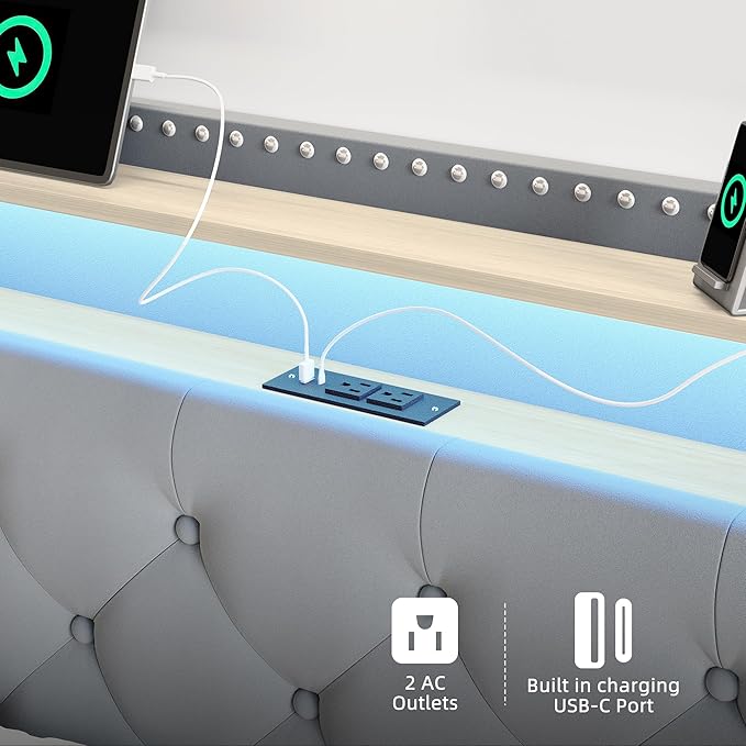 BRELTAM King Size Bed Frame with 4 Storaged Drawers,Upholstered Velvet Tufed Bed Frame with LED Light and Charging Station,Platform Bed Frame with Headboard Heavy Duty Wood Slats,Bluish Grey