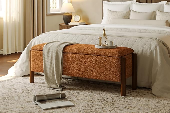 Modern Storage Benches with Walnut Wood Legs, 47'' Ottoman Bench with 20 Gallons Storage Space for Bedroom End of Bed, Fabric Upholstered Entryway Bench with Seating for Livingroom, Orange