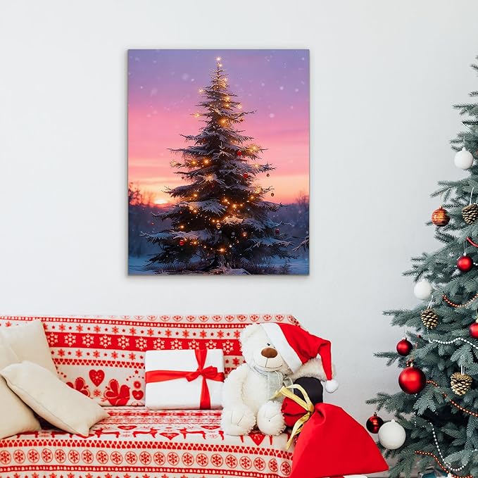 Framed Christmas Pictures Wall Decor,Vintage Pine Tree Prints,Winter Christmas Canvas Wall Art Decoration for Bedroom Bathroom Living Room Rustic Xmas Holiday Gifts (Christmas Tree 10, 24'' X 36'')
