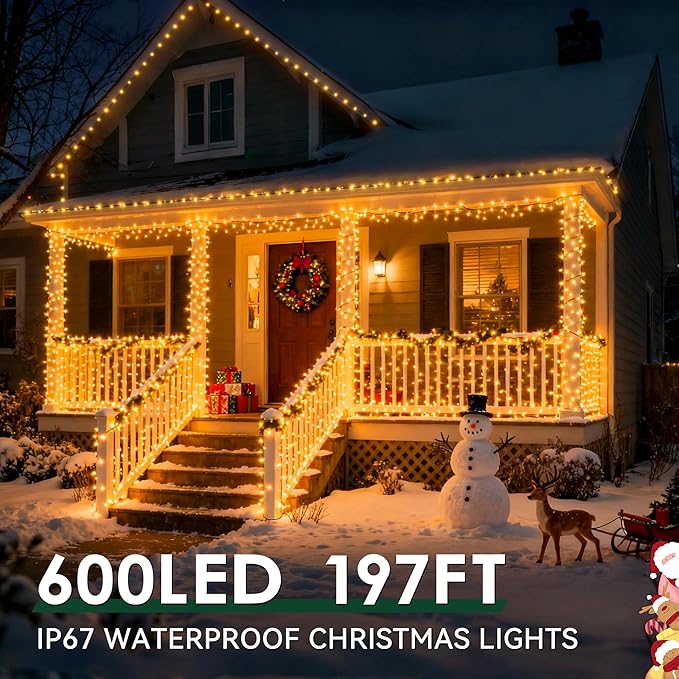 Outdoor Christmas Lights, 600LEDs 197FT Christmas Tree String Lights, IP67 Waterproof 11 Modes Warm and Multicolor Holiday Lights with Remote for House Yard Xmas Decorations