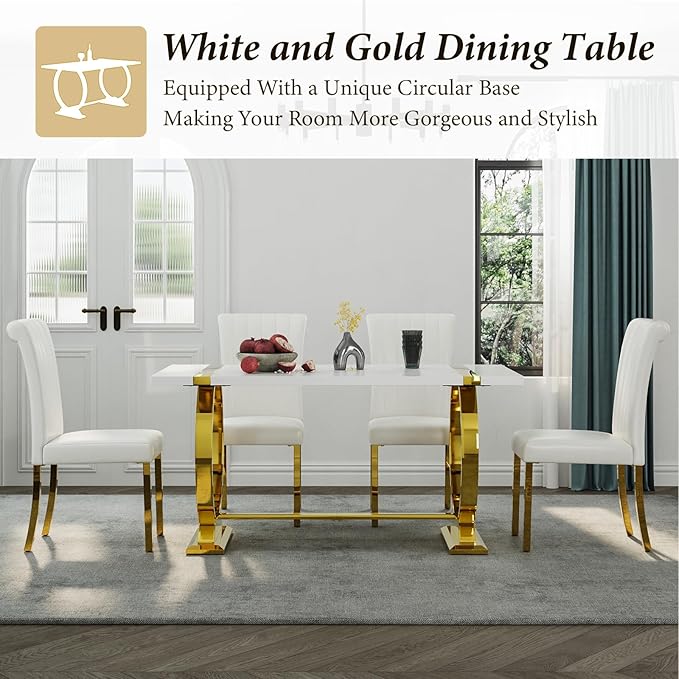 Asday Modern Dining Table with Gold Stainless Steel Metal U-Base in White Gold
