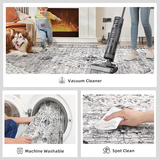 Deerly Grey Rug 6x9 Boho Vintage Rugs for Living Room, Washable Rugs Non Slip Large Area Rug for Dining Room Bedroom Office, Floor Decoration Big Rug Low-Pile Kid & Pet Friendly(Grey)