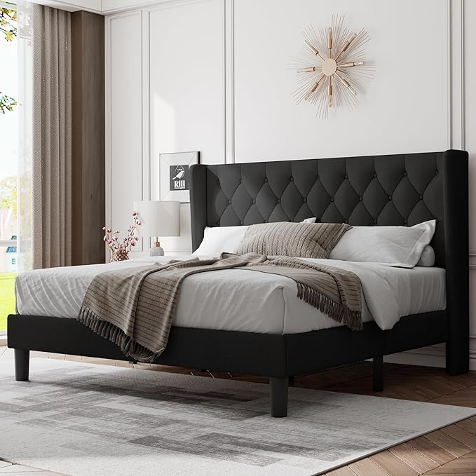 Feonase King Size Bed Frame with Wingback Tufted Headboard, Upholstered Platform Bed Frame with Heavy Duty Wooden Slats Support, Noise-Free, No Box Spring Needed, Easy Assembly, Black