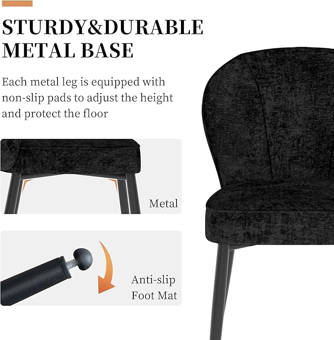 Dining Chairs Set of 2, Modern Fabric Dining Room Chairs with Curved Backrest Well-Padded Seat, Upholstered Kitchen Chairs for Living Dining Room, Black