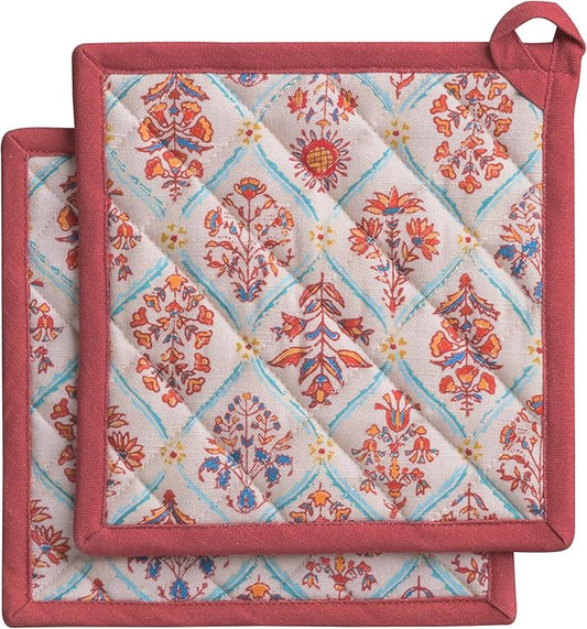 Maison d' Hermine Pot Holders Set 100% Cotton Heat Resistant Potholders 8" x 8" Hot Pads with Loop for Thanksgiving Christmas Decorations BBQ Cooking Baking Handling Hot Pans (Pack of 2, Romane)