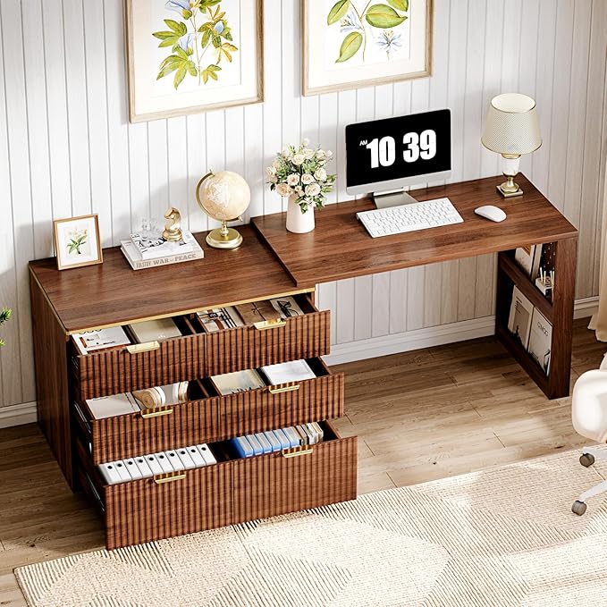 L Shaped Standing Desk,47" Home Office Desks, Executive, Farmhouse Computer Desk with 6 Drawers File Drawer, Rustic Computer Writing, Walnut