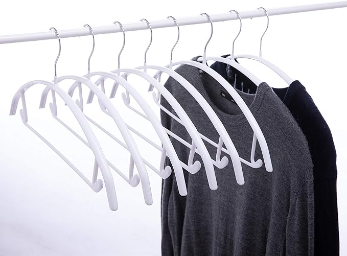 Metal Hangers with Non-Slip Rubber Coating, No Shoulder Bumps, Contour Design with Pants Bar for Sweaters & T-Shirts, White, 16.5 Inch, Pack of 10
